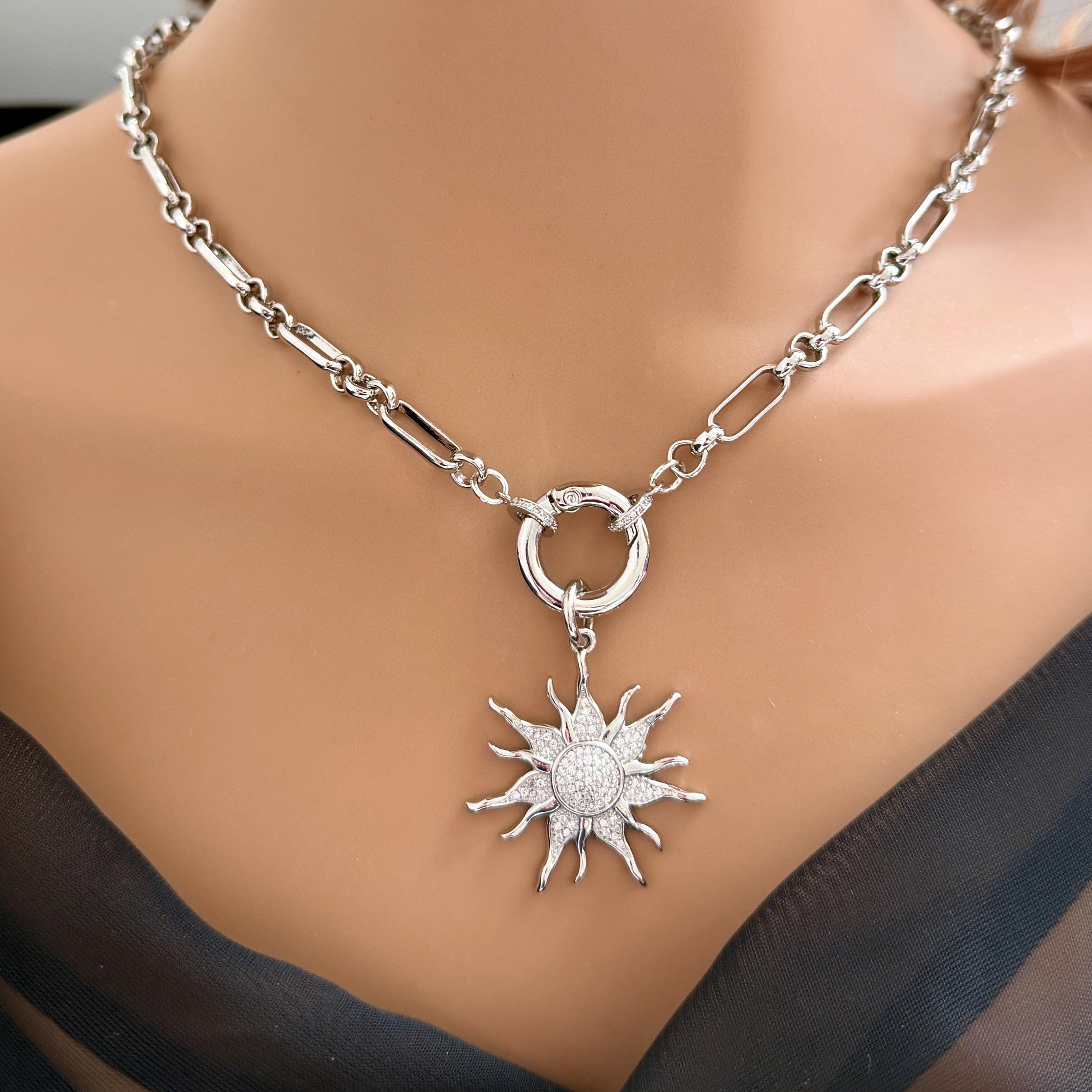 Silver Multi-Link Chain Necklace - Sun Burst Micro Pave Pendant-Spring Lock Clasp