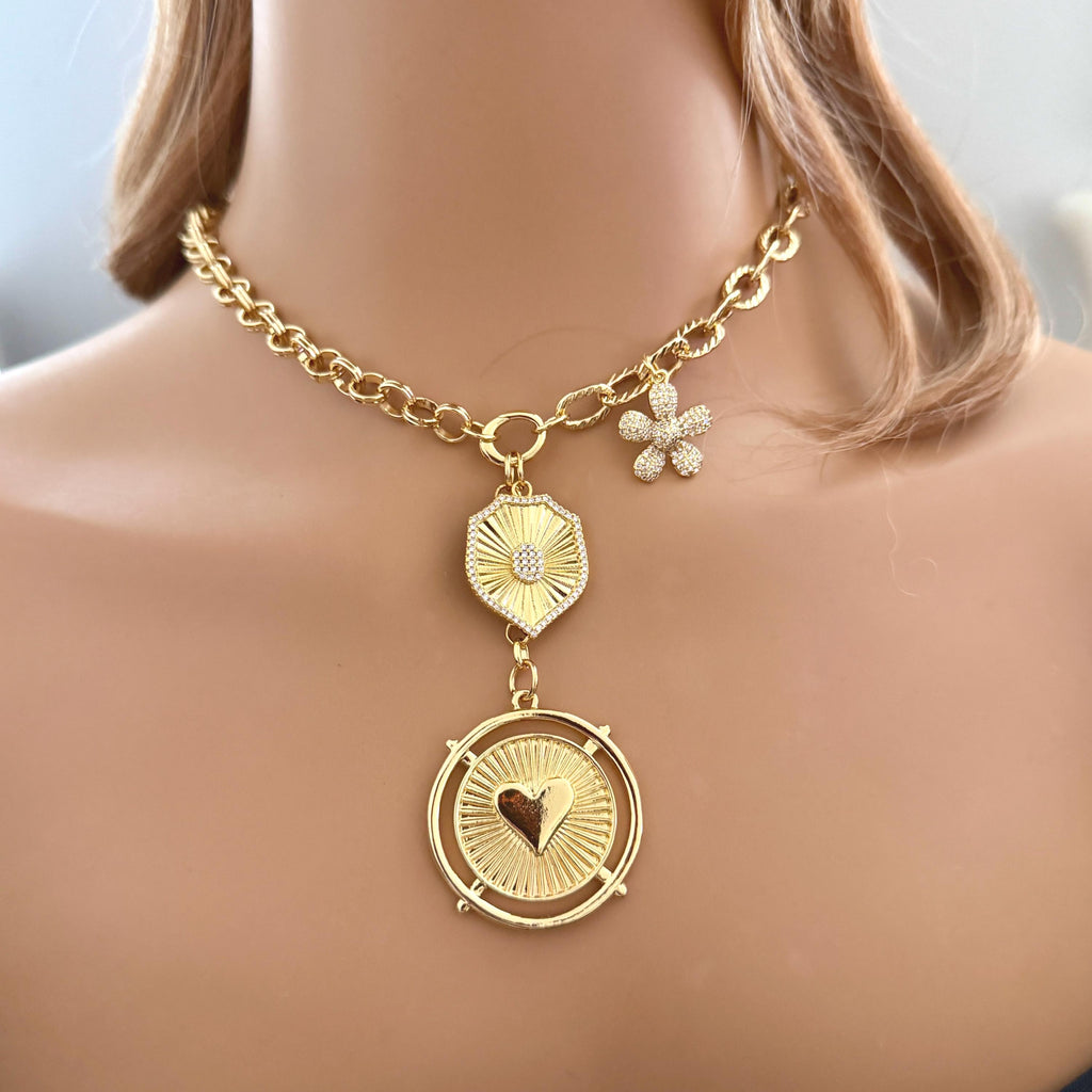 Gold Charm Necklace: Unique Chains-Gold And Micro Pave Charms- Micro Pave Cross Pendant Necklace