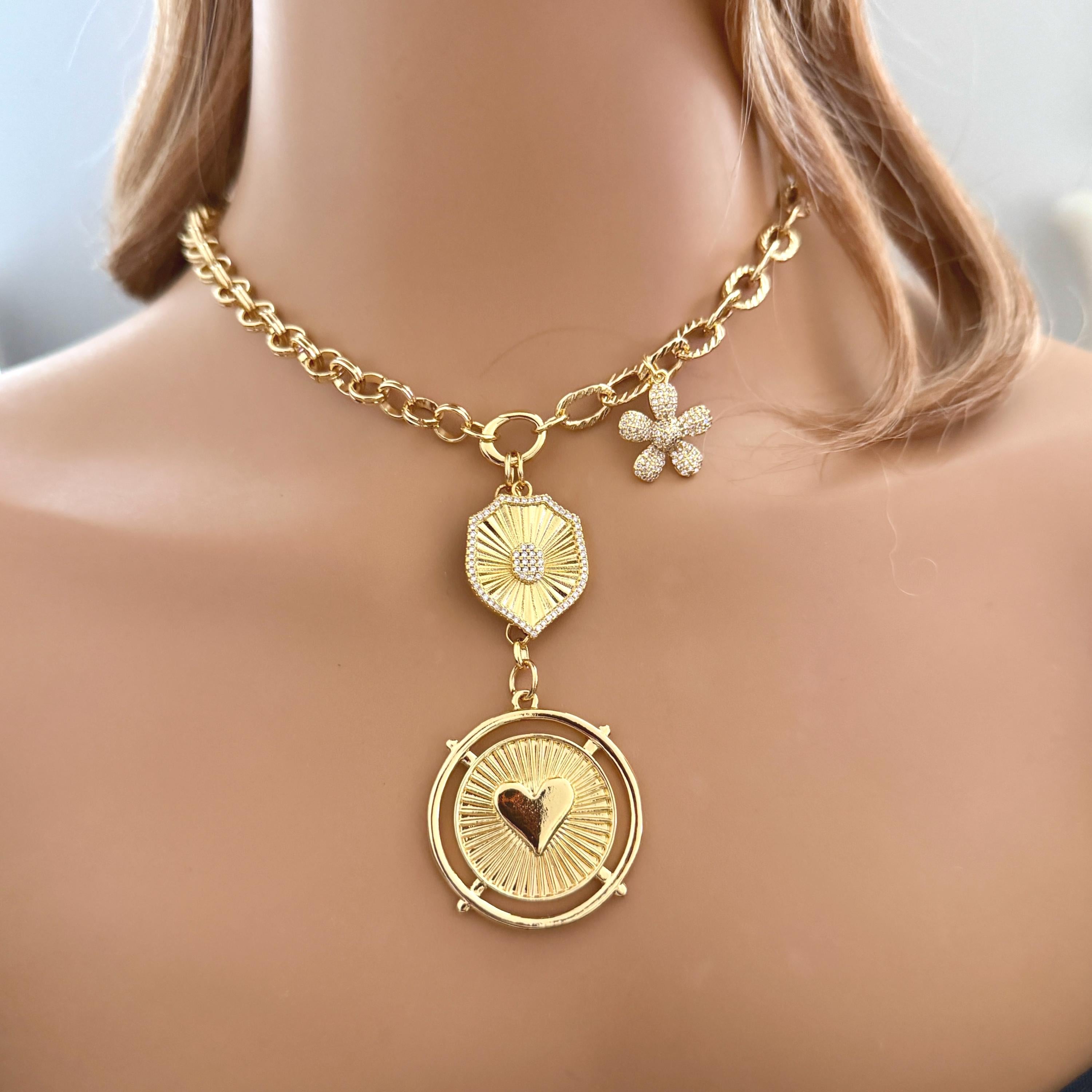 Gold Charm Necklace: Unique Chains-Gold And Micro Pave Charms- Micro Pave Cross Pendant Necklace