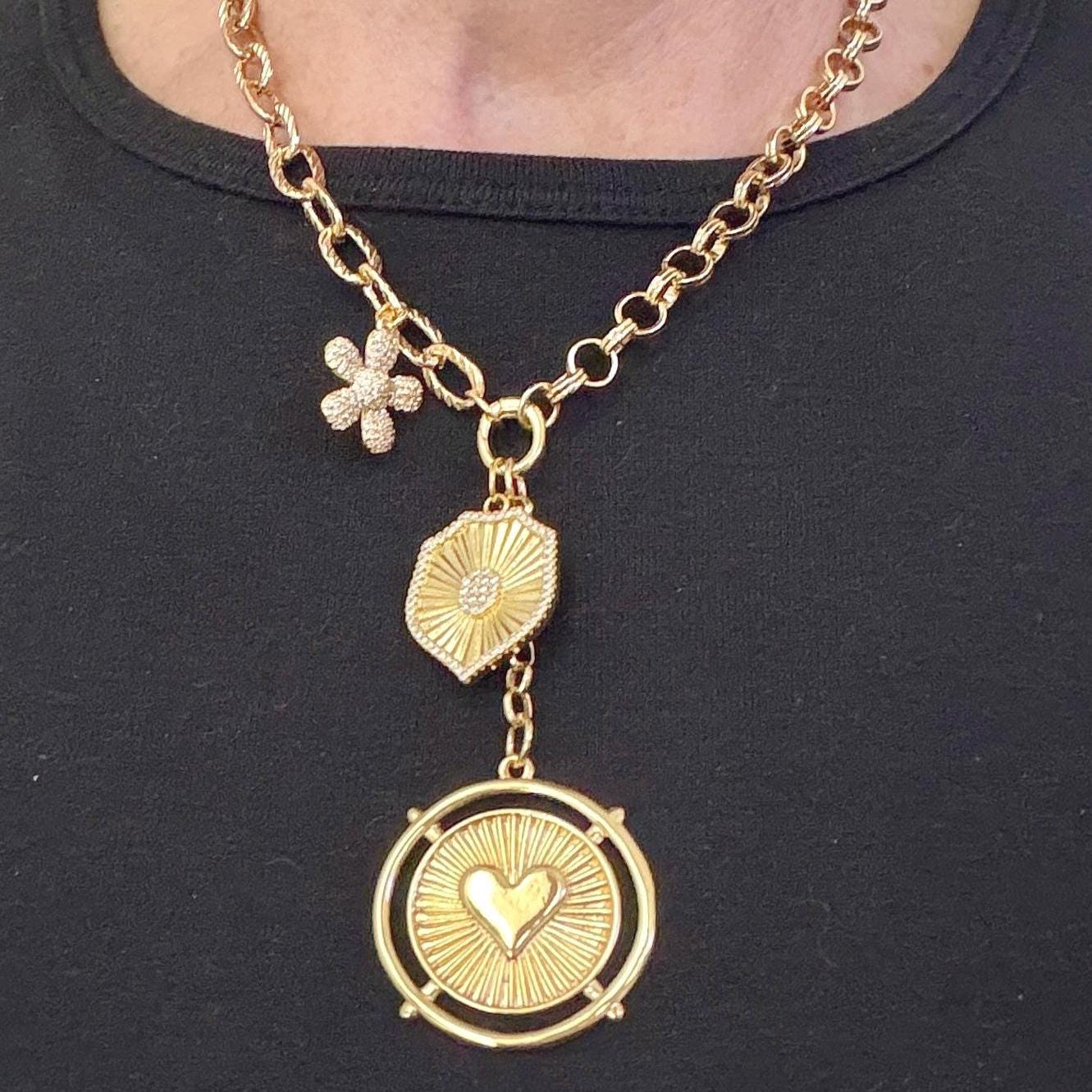 Gold Charm Necklace: Unique Chains-Gold And Micro Pave Charms- Micro Pave Cross Pendant Necklace
