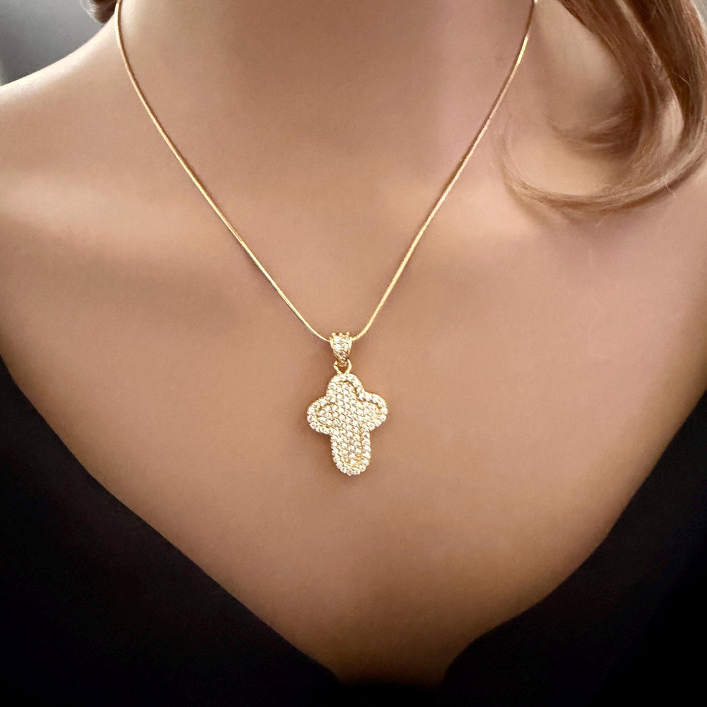 Gold Charm Necklace: Unique Chains-Gold And Micro Pave Charms- Micro Pave Cross Pendant Necklace