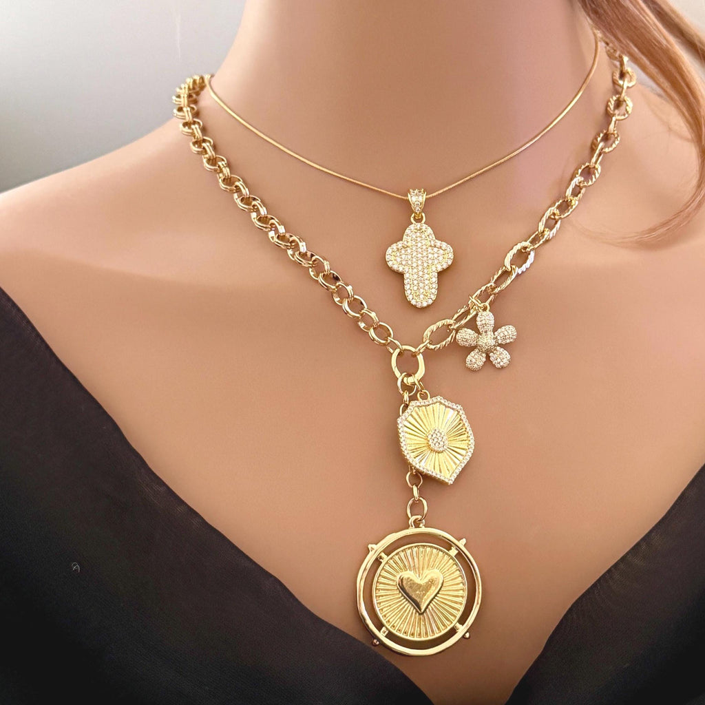 Gold Charm Necklace: Unique Chains-Gold And Micro Pave Charms- Micro Pave Cross Pendant Necklace