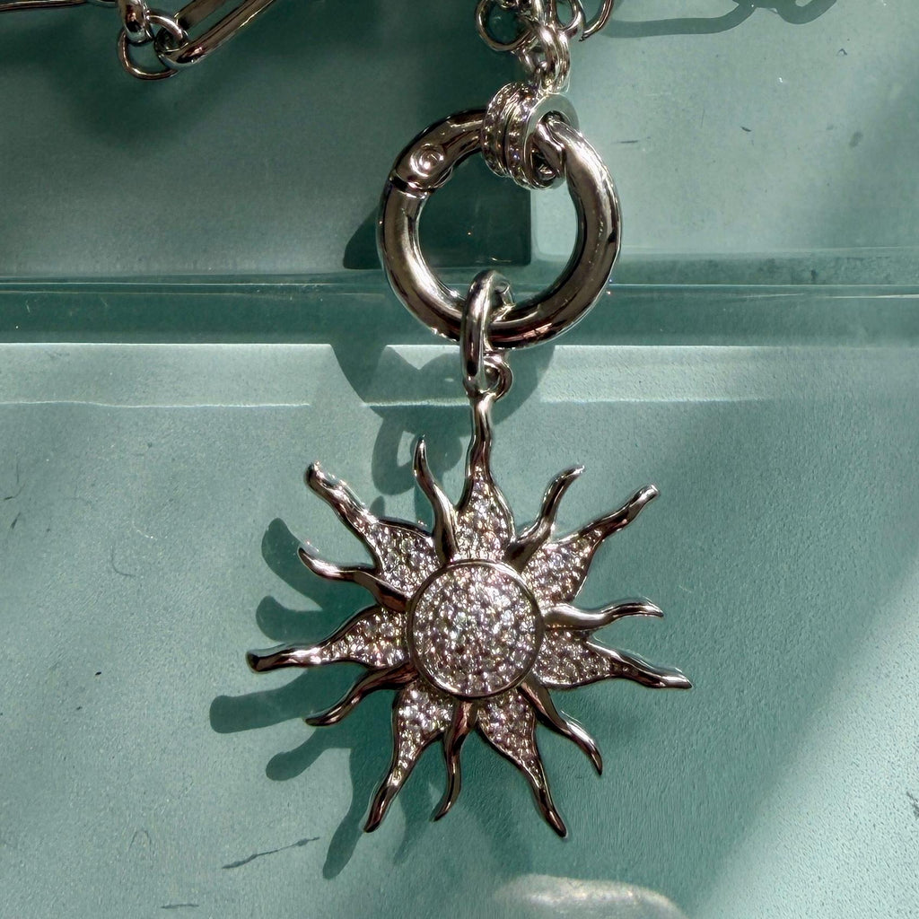 Silver Multi-Link Chain Necklace - Sun Burst Micro Pave Pendant-Spring Lock Clasp