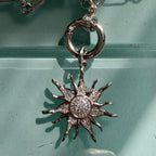 Silver Multi-Link Chain Necklace - Sun Burst Micro Pave Pendant-Spring Lock Clasp