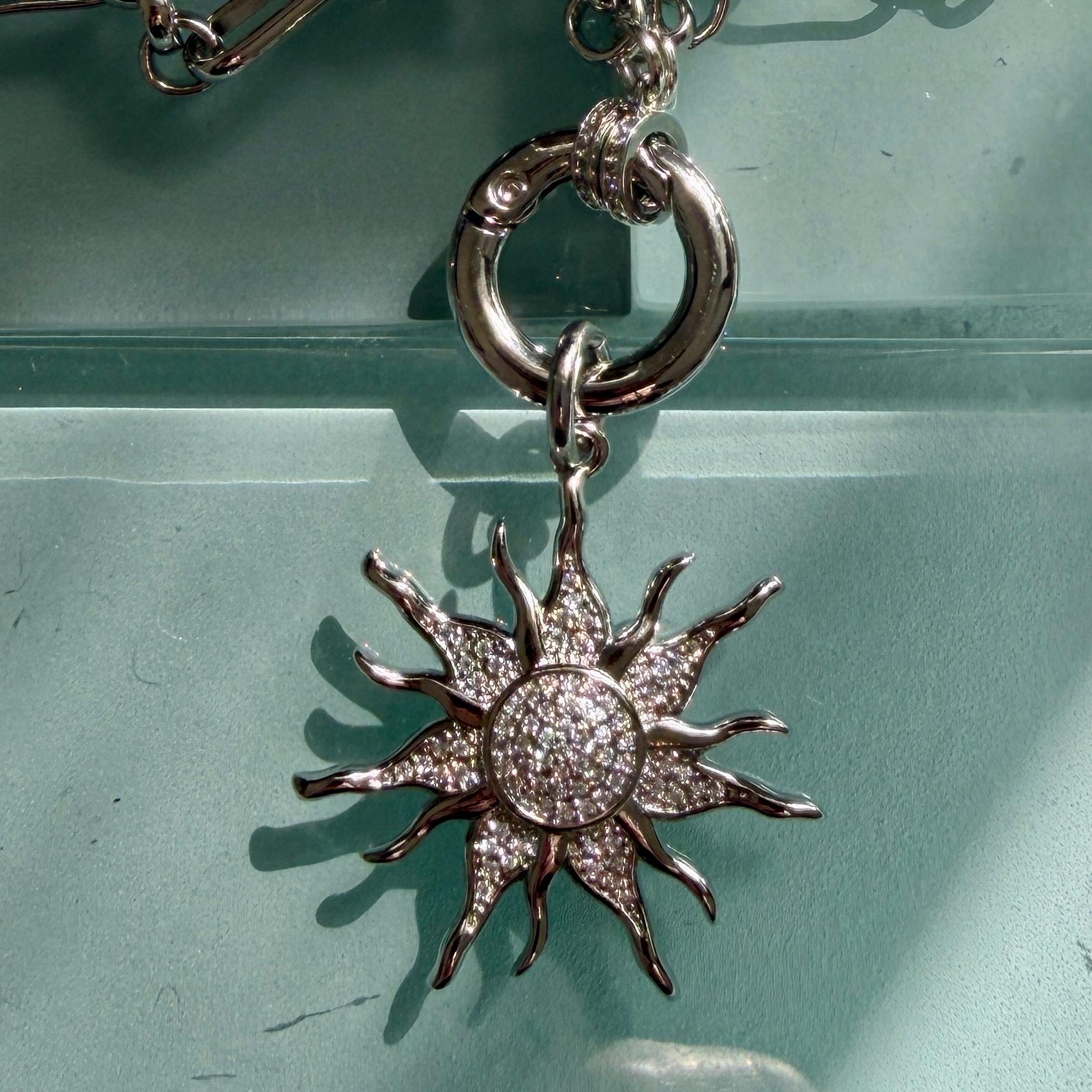 Silver Multi-Link Chain Necklace - Sun Burst Micro Pave Pendant-Spring Lock Clasp