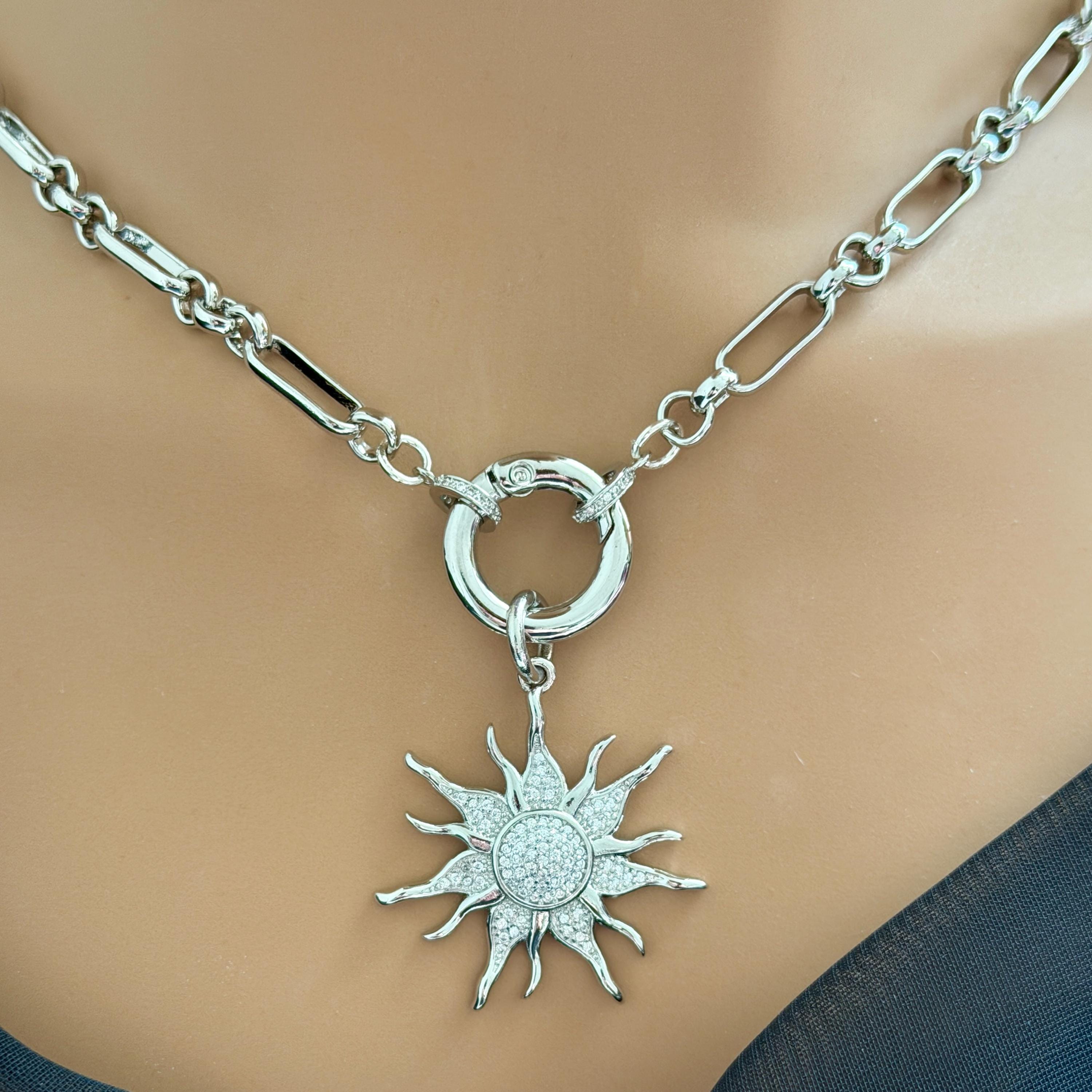 Silver Multi-Link Chain Necklace - Sun Burst Micro Pave Pendant-Spring Lock Clasp