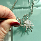 Silver Multi-Link Chain Necklace - Sun Burst Micro Pave Pendant-Spring Lock Clasp