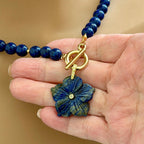 Carved Lapis Lazuli Flower Pendant Necklace, Gold Toggle Clasp, CZ Gemstone