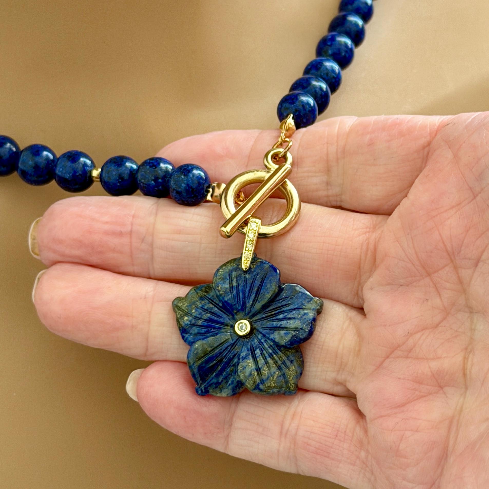 Carved Lapis Lazuli Flower Pendant Necklace, Gold Toggle Clasp, CZ Gemstone