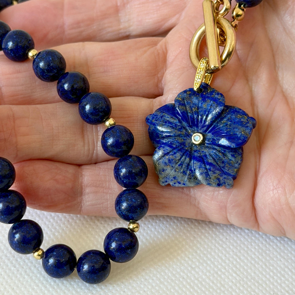 Carved Lapis Lazuli Flower Pendant Necklace, Gold Toggle Clasp, CZ Gemstone
