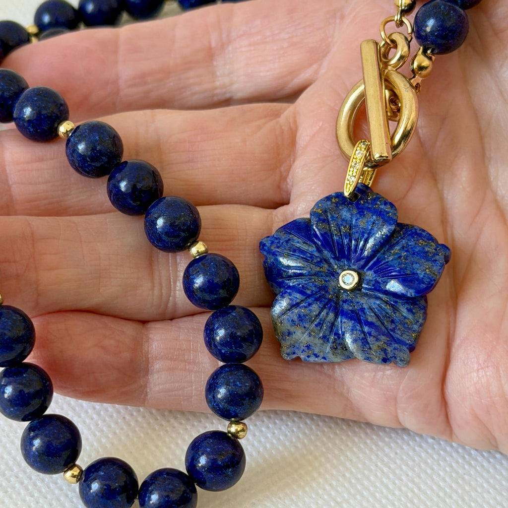 Carved Lapis Lazuli Flower Pendant Necklace, Gold Toggle Clasp, CZ Gemstone