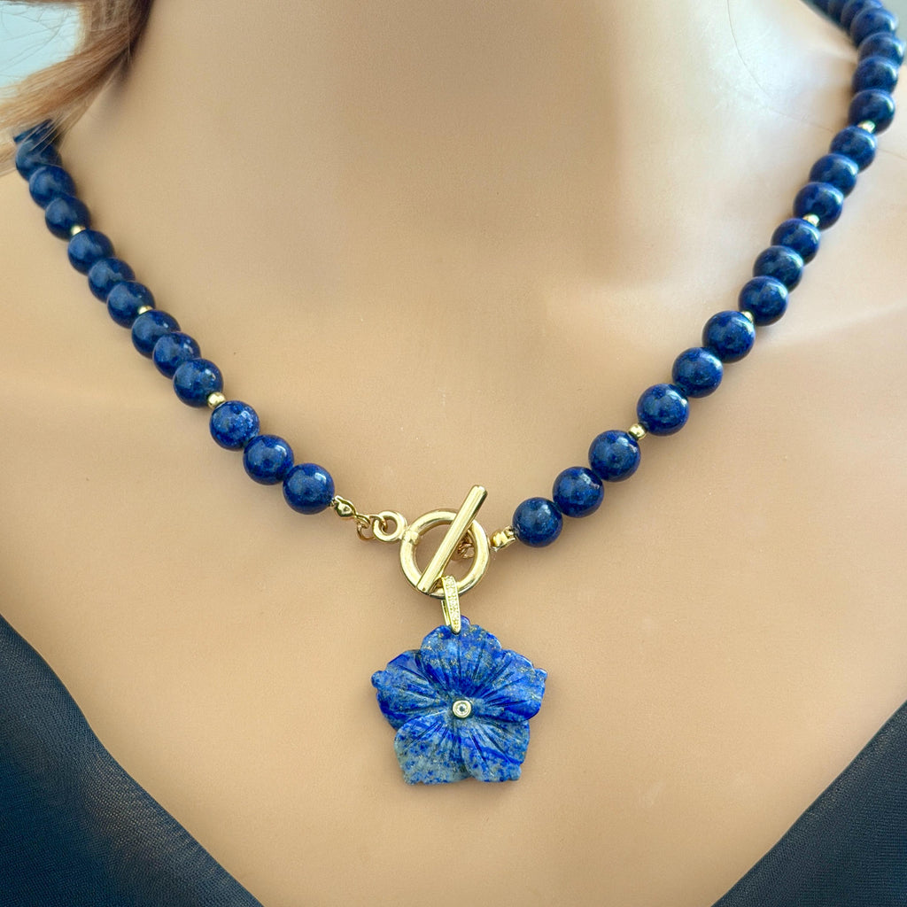 Carved Lapis Lazuli Flower Pendant Necklace, Gold Toggle Clasp, CZ Gemstone