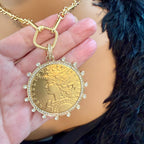 Gold Coin Necklace-Multi Link Chain Necklace-Reproduction French Madagascar Coin Pendant-Cubic Zirconia Bezel Coin-Spring Lock Clasp