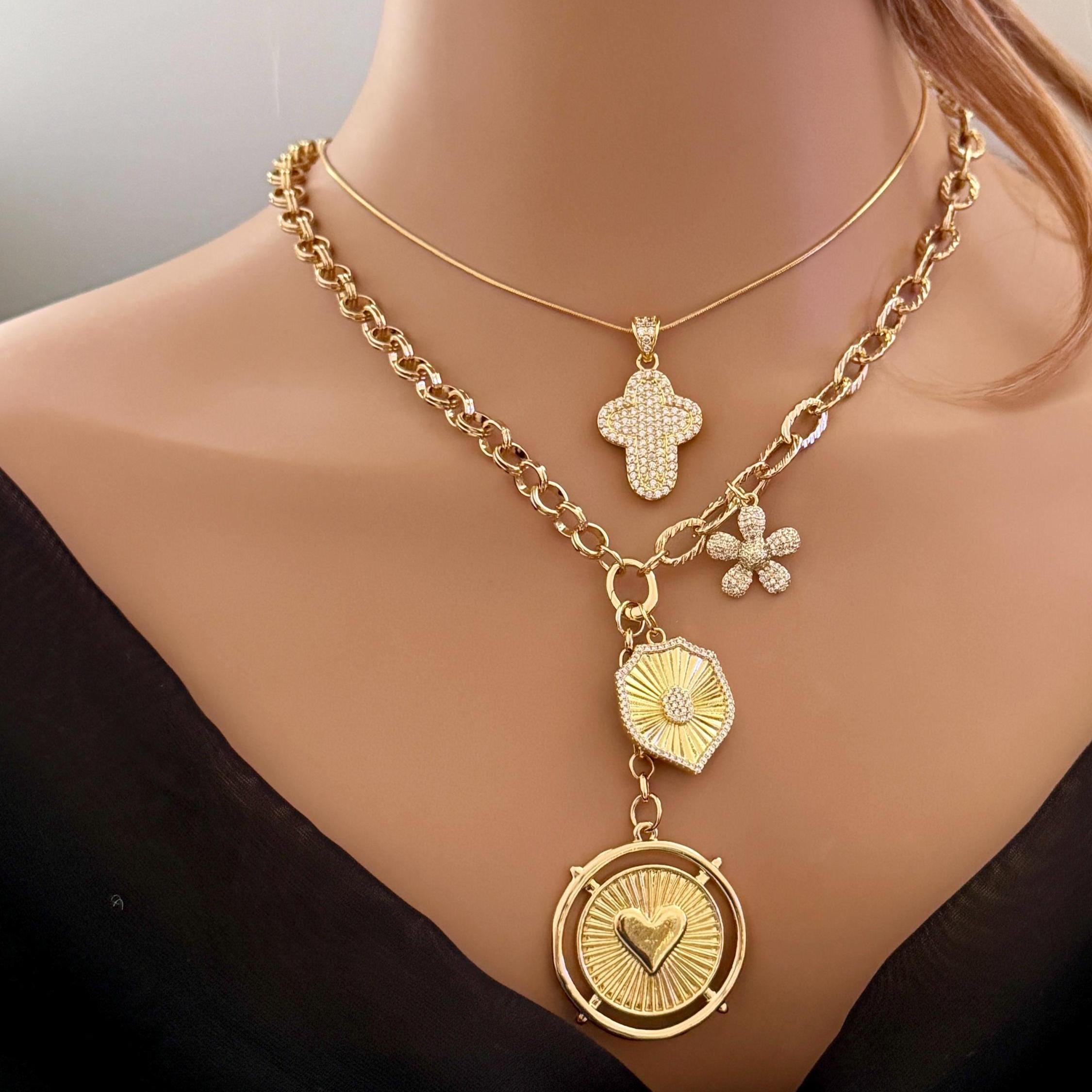 Gold Charm Necklace: Unique Chains-Gold And Micro Pave Charms- Micro Pave Cross Pendant Necklace