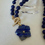 Carved Lapis Lazuli Flower Pendant Necklace, Gold Toggle Clasp, CZ Gemstone
