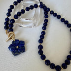 Carved Lapis Lazuli Flower Pendant Necklace, Gold Toggle Clasp, CZ Gemstone