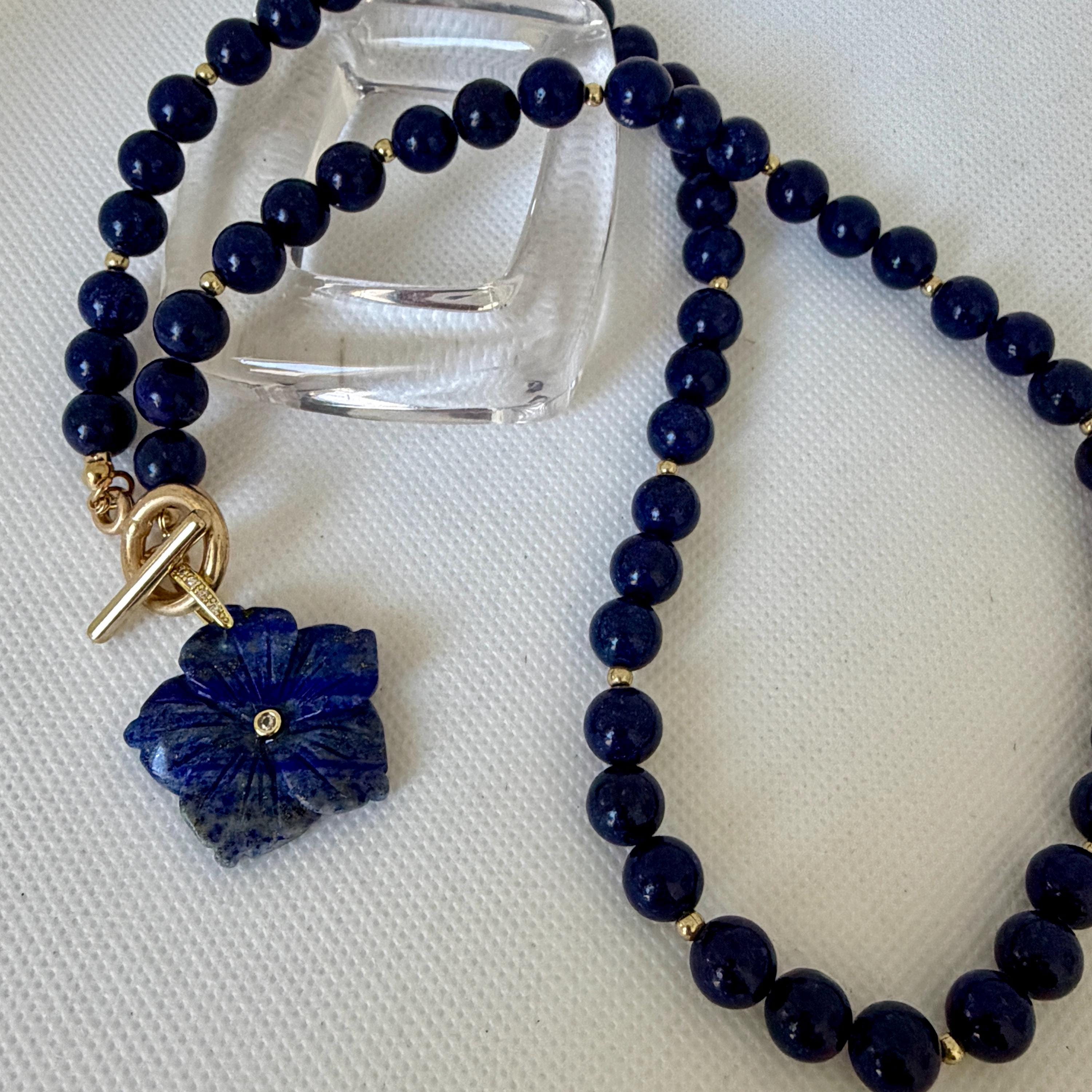 Carved Lapis Lazuli Flower Pendant Necklace, Gold Toggle Clasp, CZ Gemstone