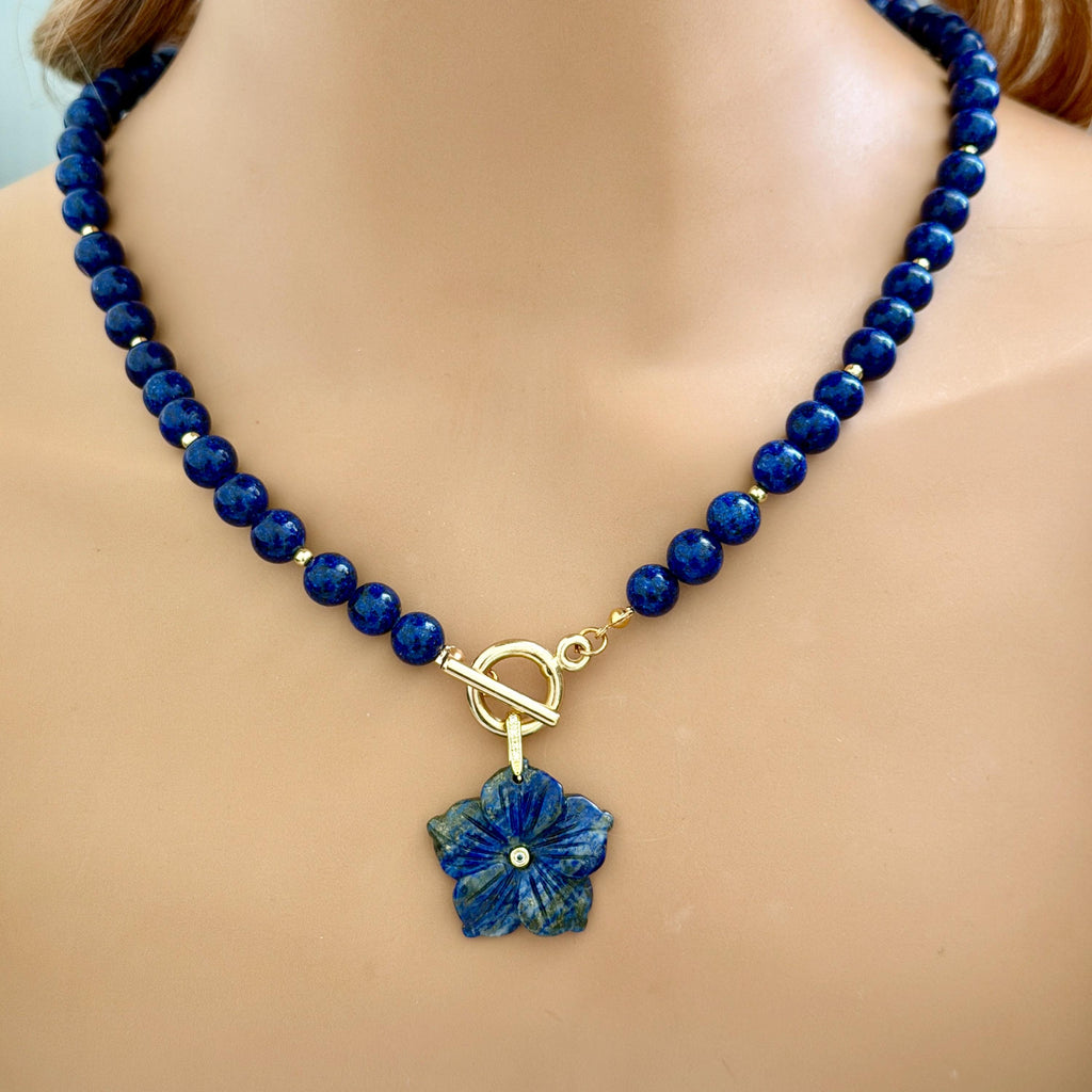Carved Lapis Lazuli Flower Pendant Necklace, Gold Toggle Clasp, CZ Gemstone