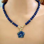 Carved Lapis Lazuli Flower Pendant Necklace, Gold Toggle Clasp, CZ Gemstone