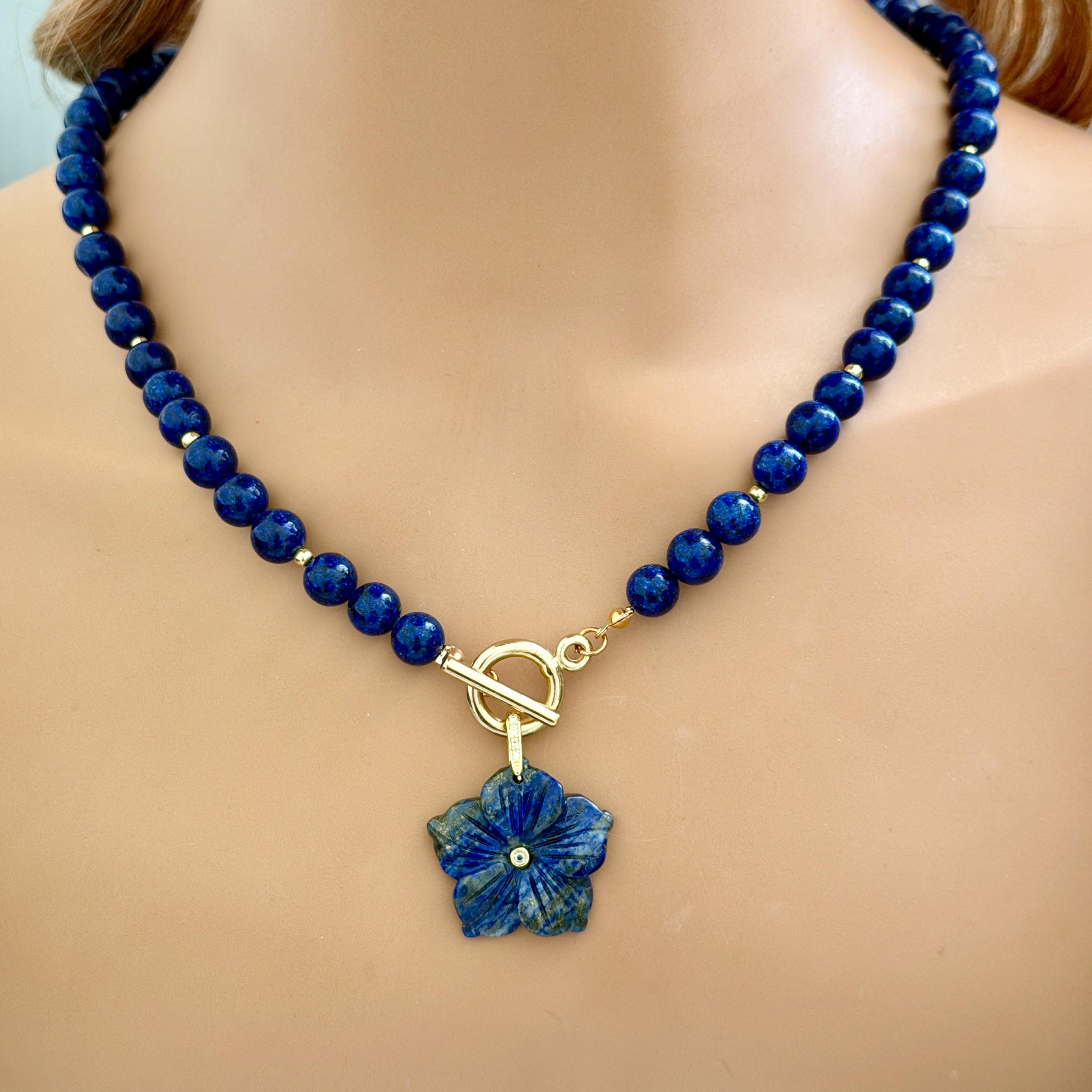Carved Lapis Lazuli Flower Pendant Necklace, Gold Toggle Clasp, CZ Gemstone