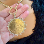 Gold Coin Necklace-Multi Link Chain Necklace-Reproduction French Madagascar Coin Pendant-Cubic Zirconia Bezel Coin-Spring Lock Clasp