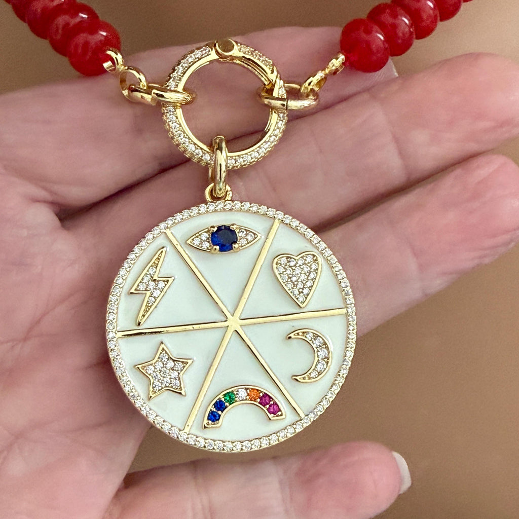 Red Jade Beaded Necklace-White Enamel and CZ Pendant- Gold CZ Spring Lock Clasp