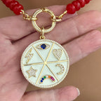 Red Jade Beaded Necklace-White Enamel and CZ Pendant- Gold CZ Spring Lock Clasp