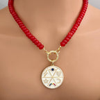 Red Jade Beaded Necklace-White Enamel and CZ Pendant- Gold CZ Spring Lock Clasp