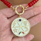 Red Jade Beaded Necklace-White Enamel and CZ Pendant- Gold CZ Spring Lock Clasp