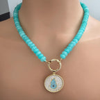 Turquoise Amazonite Bead Necklace-CZ Evil Eye Pendant-CZ Spring Clasp-Gift For Her