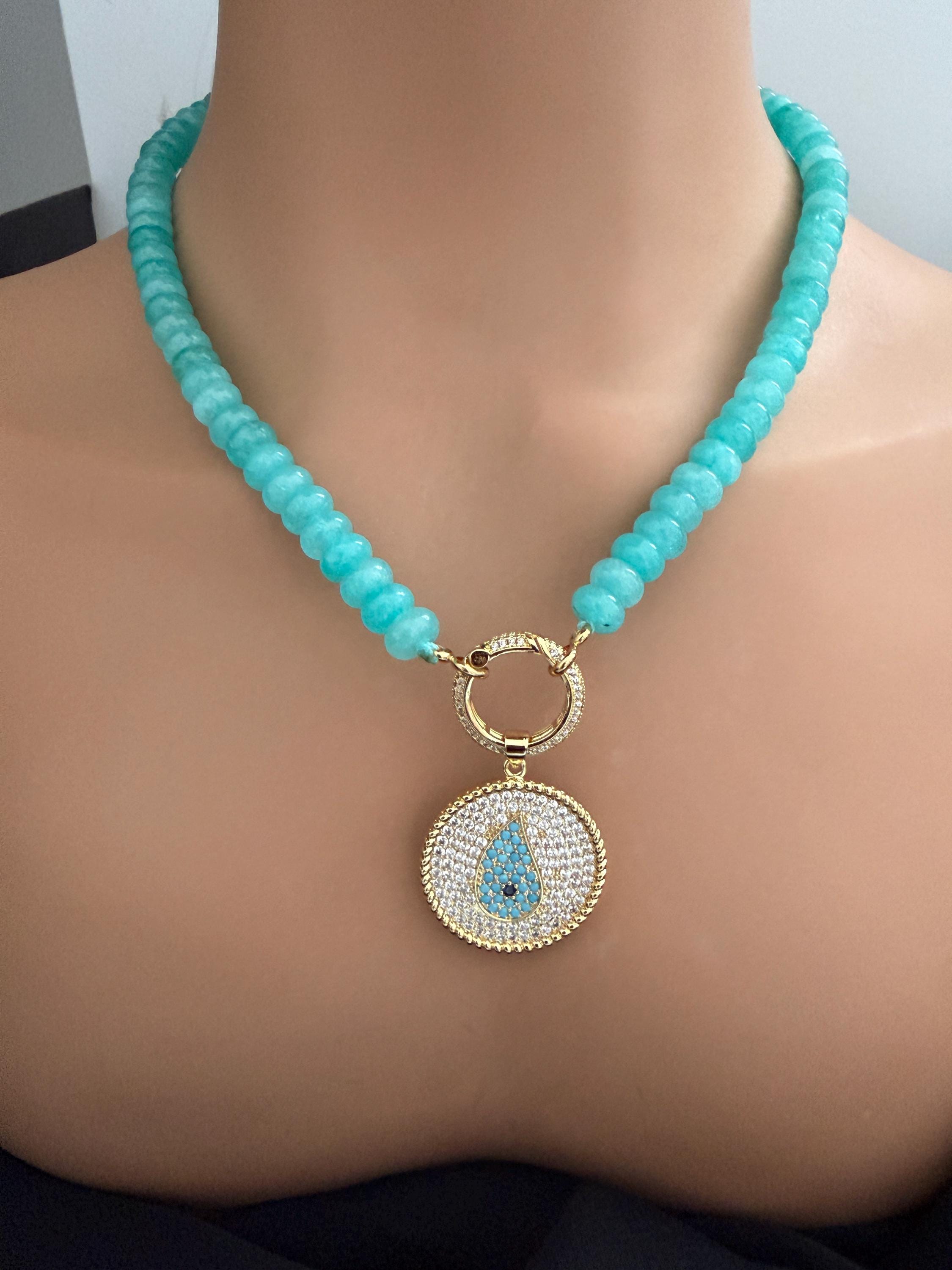 Turquoise Amazonite Bead Necklace-CZ Evil Eye Pendant-CZ Spring Clasp-Gift For Her