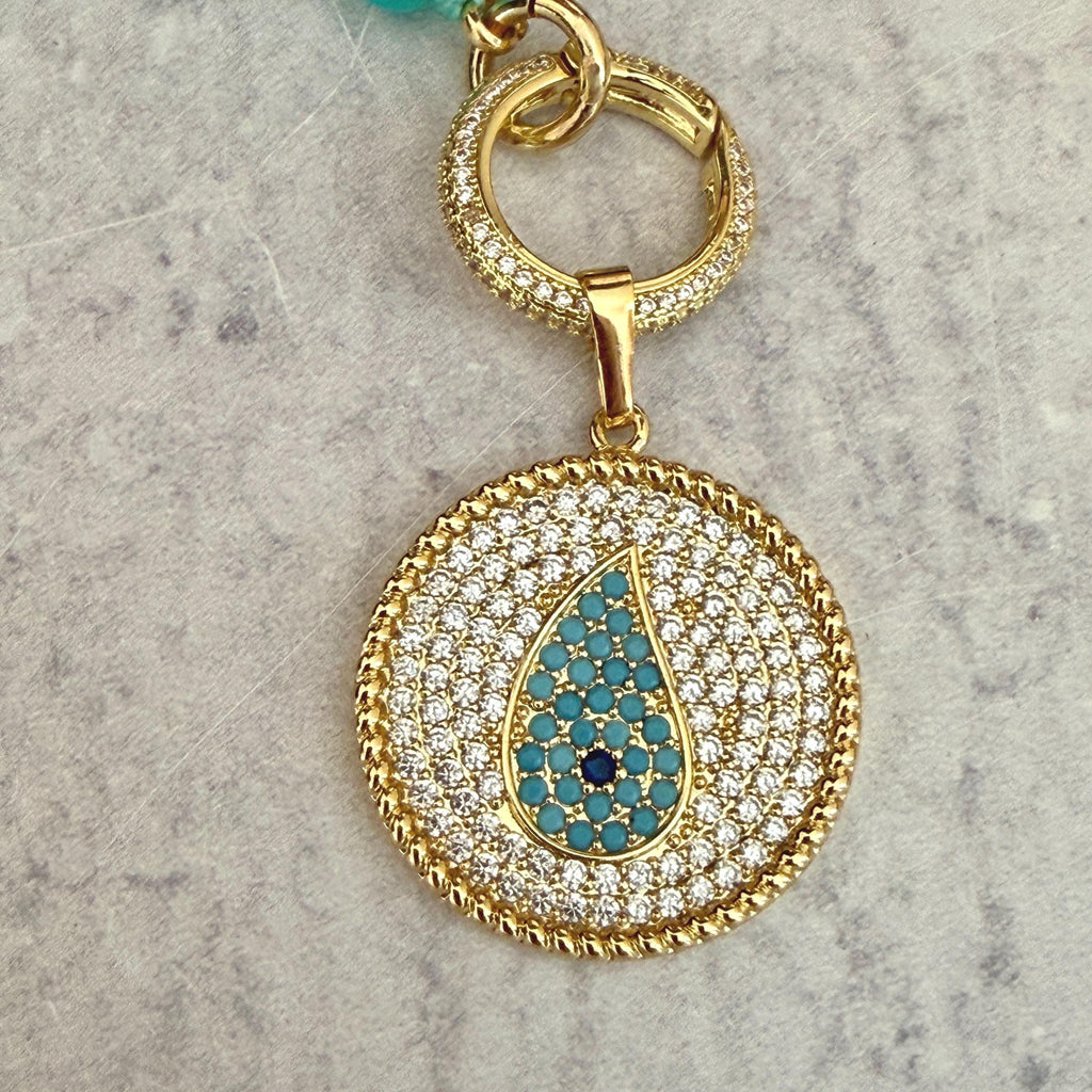 Turquoise Amazonite Bead Necklace-CZ Evil Eye Pendant-CZ Spring Clasp-Gift For Her