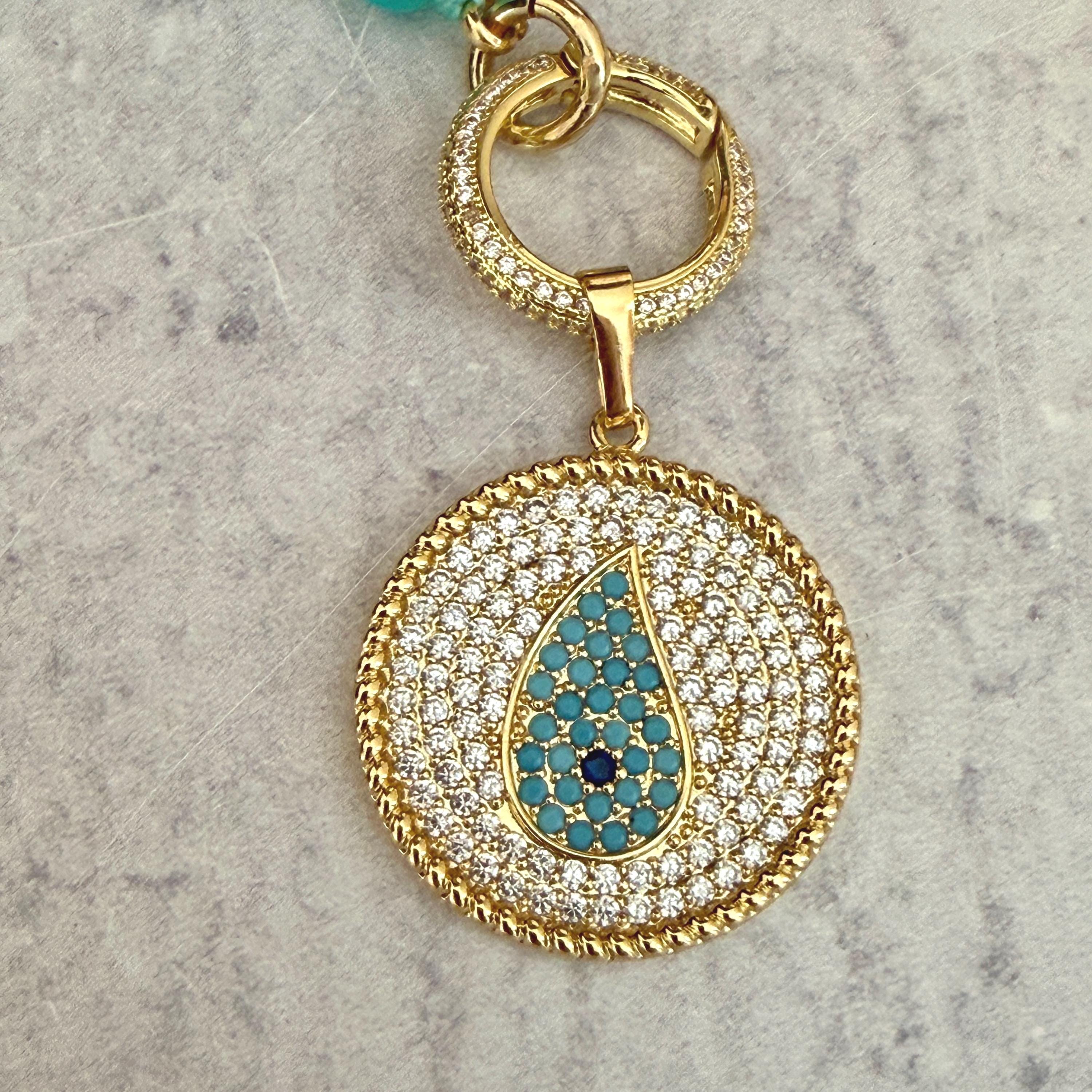 Turquoise Amazonite Bead Necklace-CZ Evil Eye Pendant-CZ Spring Clasp-Gift For Her