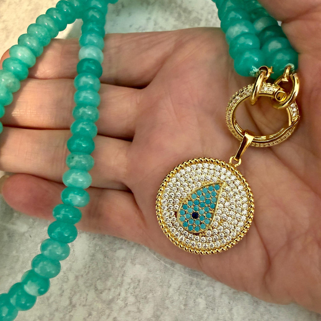 Turquoise Amazonite Bead Necklace-CZ Evil Eye Pendant-CZ Spring Clasp-Gift For Her