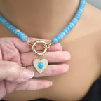 Blue Jade Bead Necklace-CZ Heart Pendant- Gold Spring Clasp-Semi Precious Beads-Gift For Her