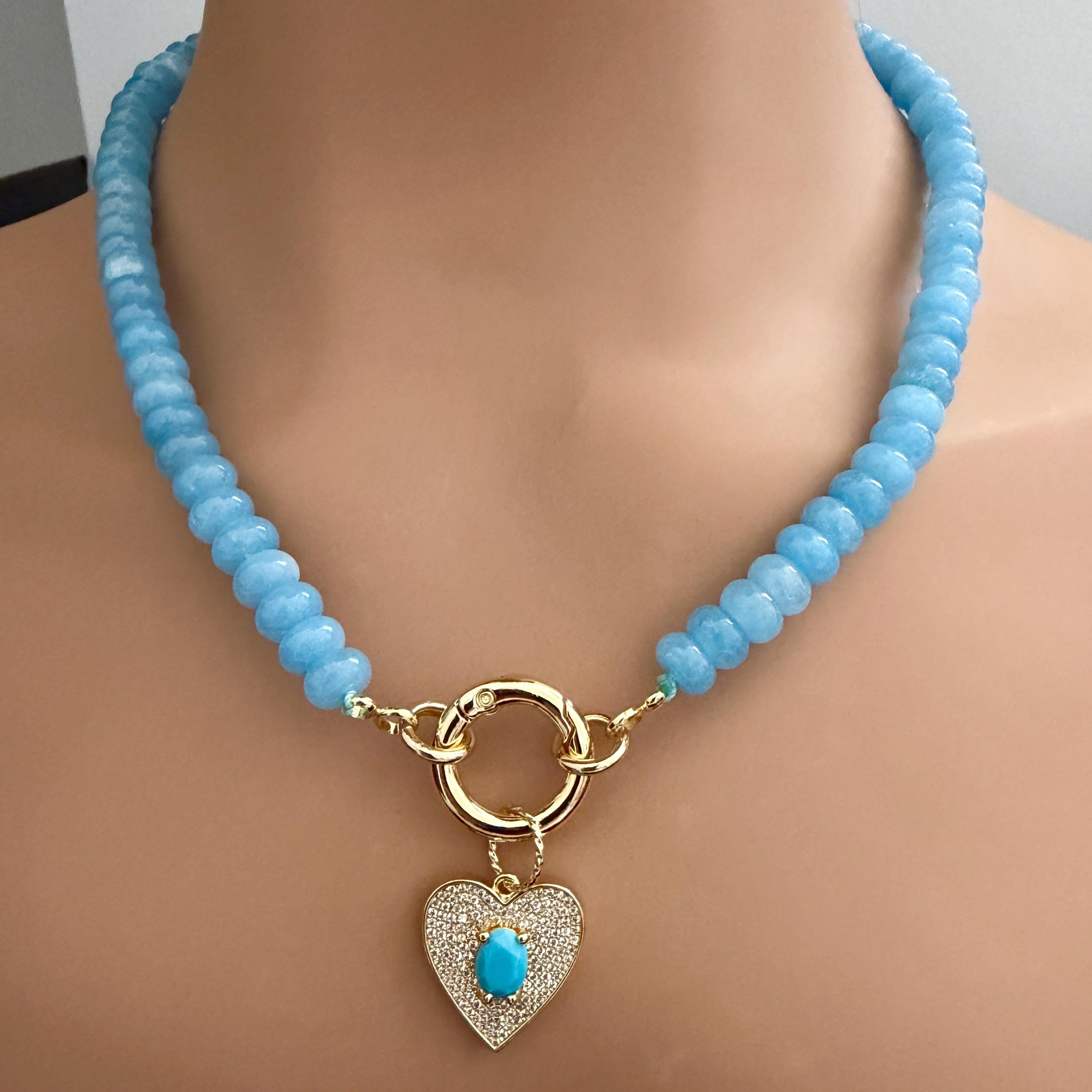 Blue Jade Bead Necklace-CZ Heart Pendant- Gold Spring Clasp-Semi Precious Beads-Gift For Her