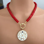 Red Jade Beaded Necklace-White Enamel and CZ Pendant- Gold CZ Spring Lock Clasp