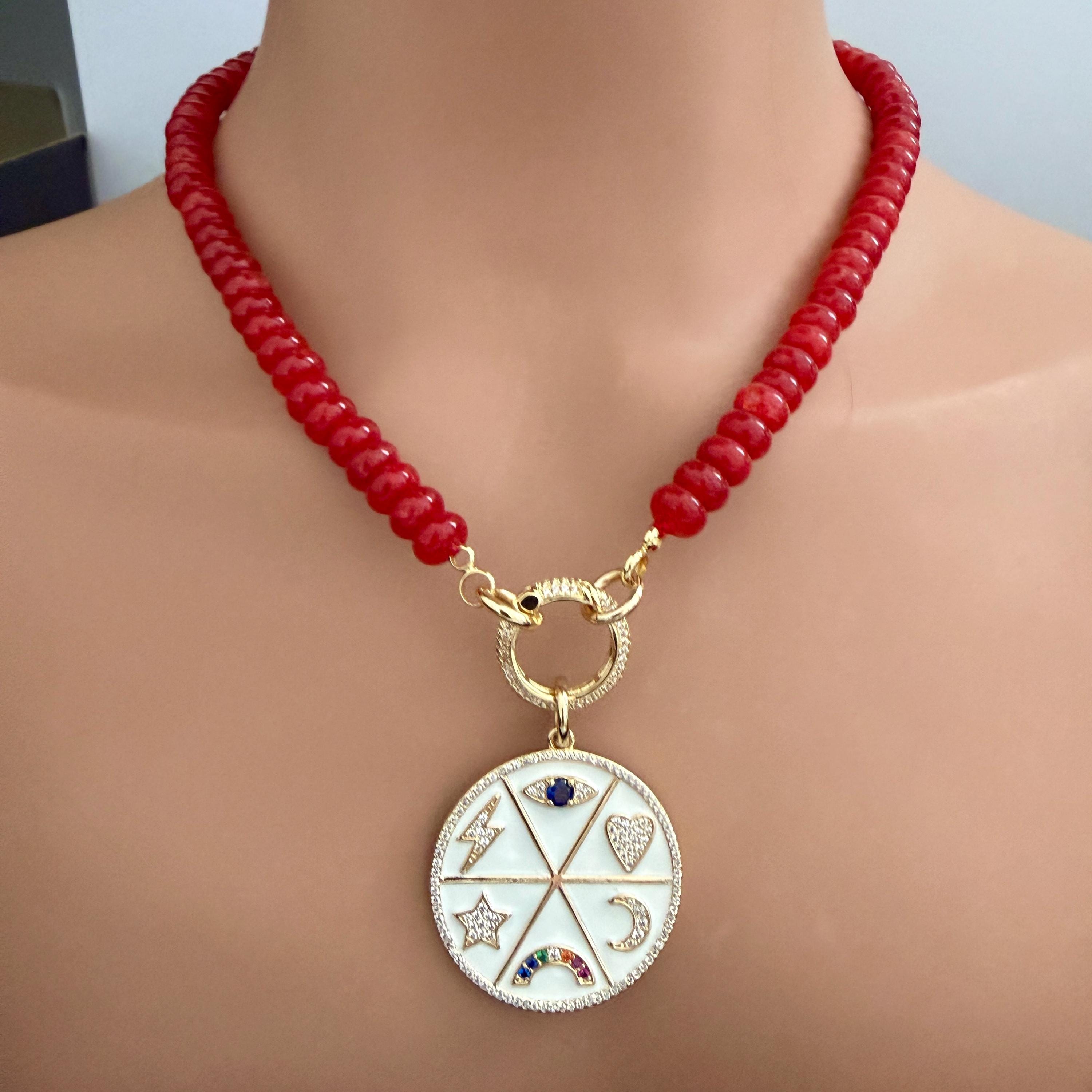 Red Jade Beaded Necklace-White Enamel and CZ Pendant- Gold CZ Spring Lock Clasp