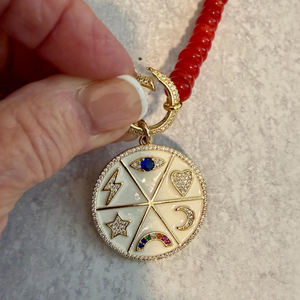 Red Jade Beaded Necklace-White Enamel and CZ Pendant- Gold CZ Spring Lock Clasp