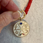 Red Jade Beaded Necklace-White Enamel and CZ Pendant- Gold CZ Spring Lock Clasp