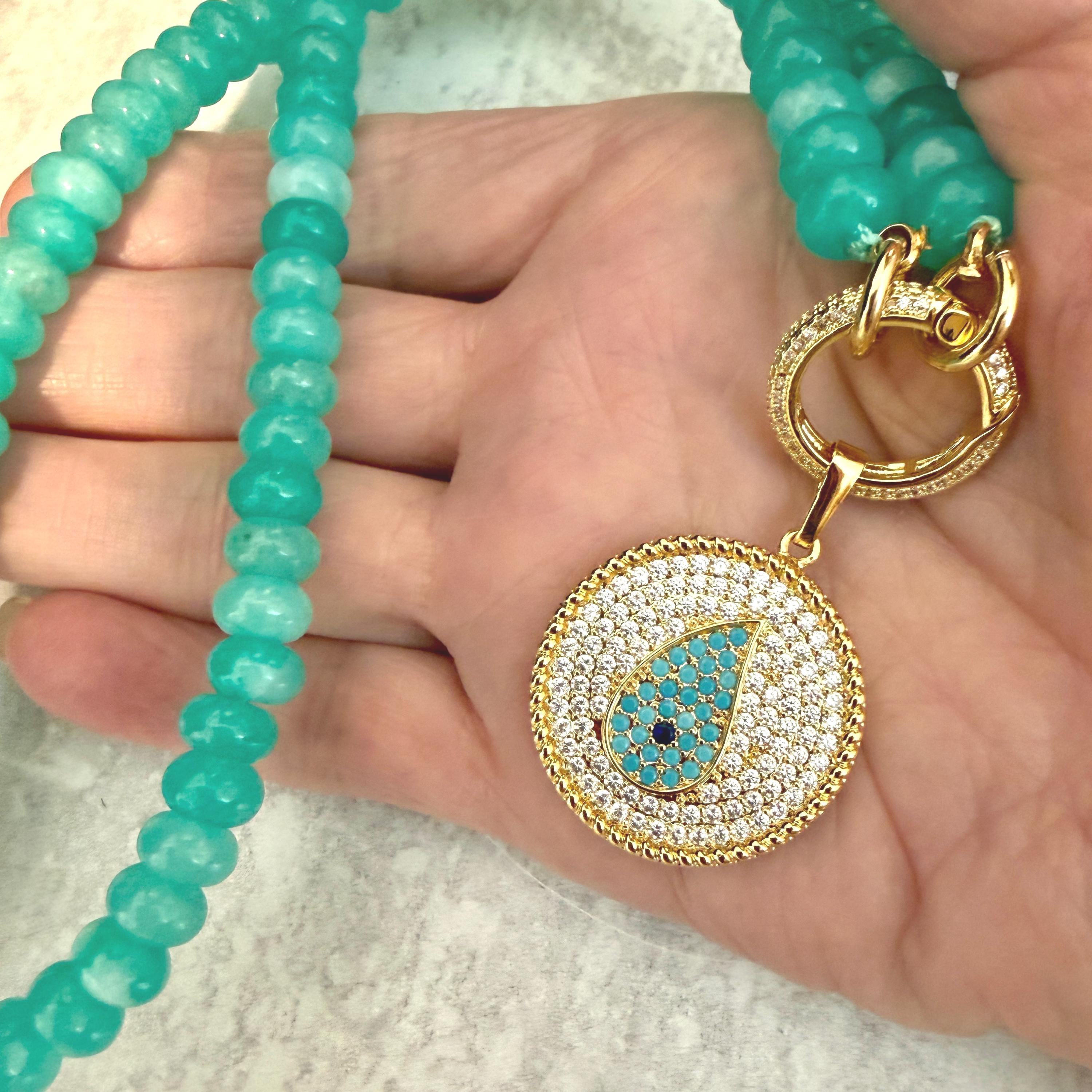 Turquoise Amazonite Bead Necklace-CZ Evil Eye Pendant-CZ Spring Clasp-Gift For Her