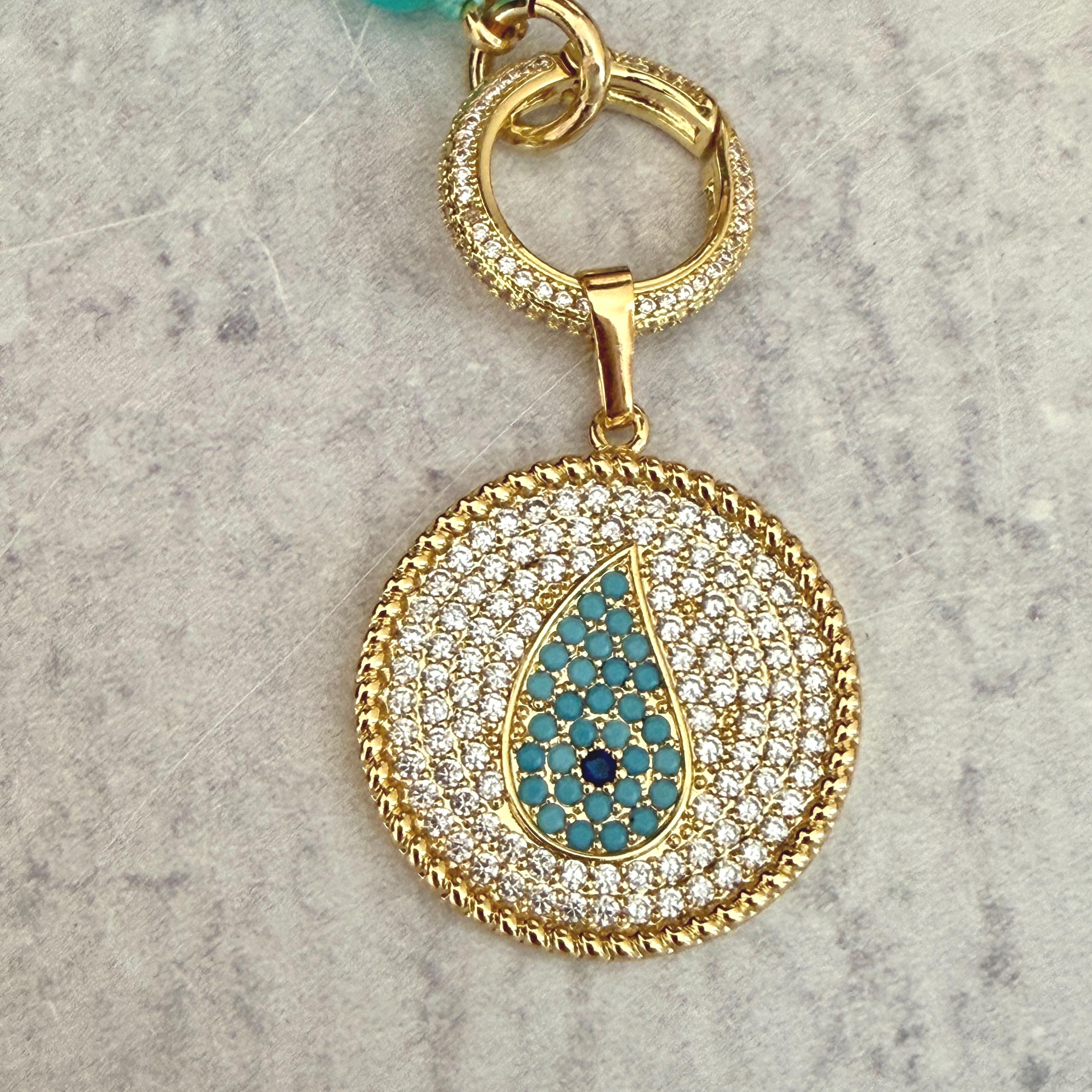Turquoise Amazonite Bead Necklace-CZ Evil Eye Pendant-CZ Spring Clasp-Gift For Her