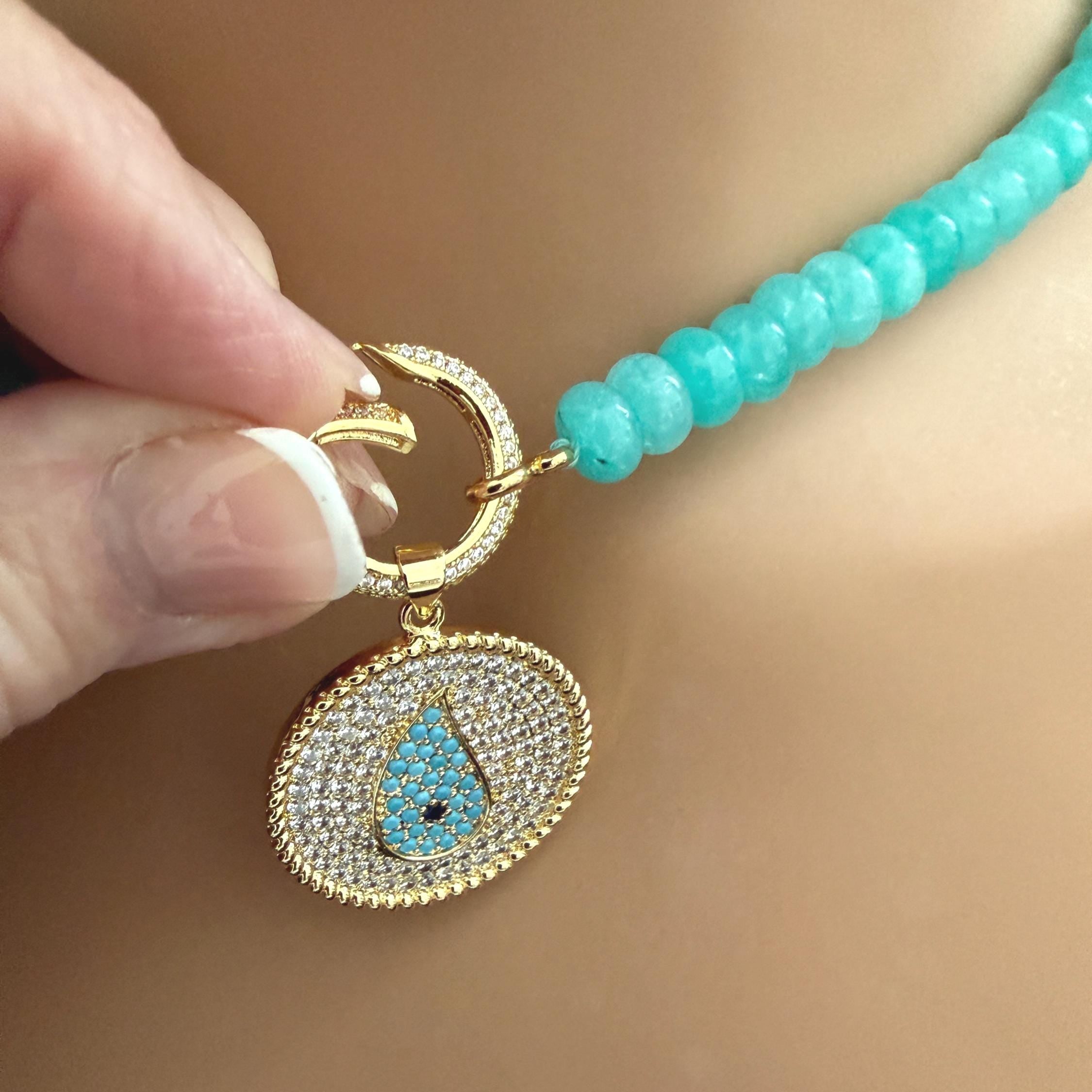 Turquoise Amazonite Bead Necklace-CZ Evil Eye Pendant-CZ Spring Clasp-Gift For Her