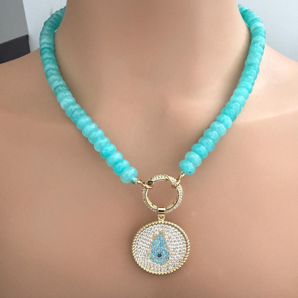 Turquoise Amazonite Bead Necklace-CZ Evil Eye Pendant-CZ Spring Clasp-Gift For Her