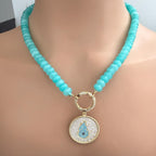 Turquoise Amazonite Bead Necklace-CZ Evil Eye Pendant-CZ Spring Clasp-Gift For Her