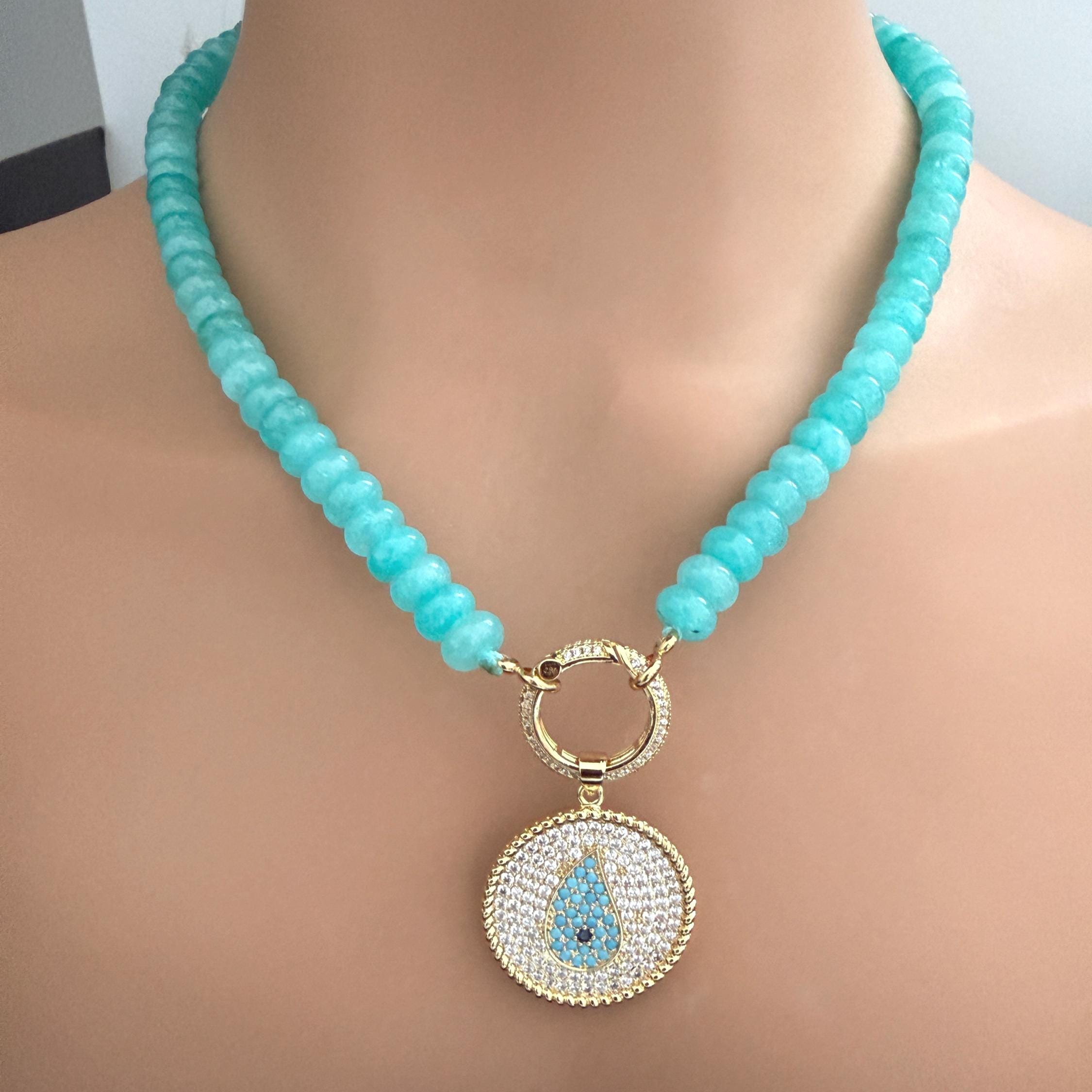 Turquoise Amazonite Bead Necklace-CZ Evil Eye Pendant-CZ Spring Clasp-Gift For Her