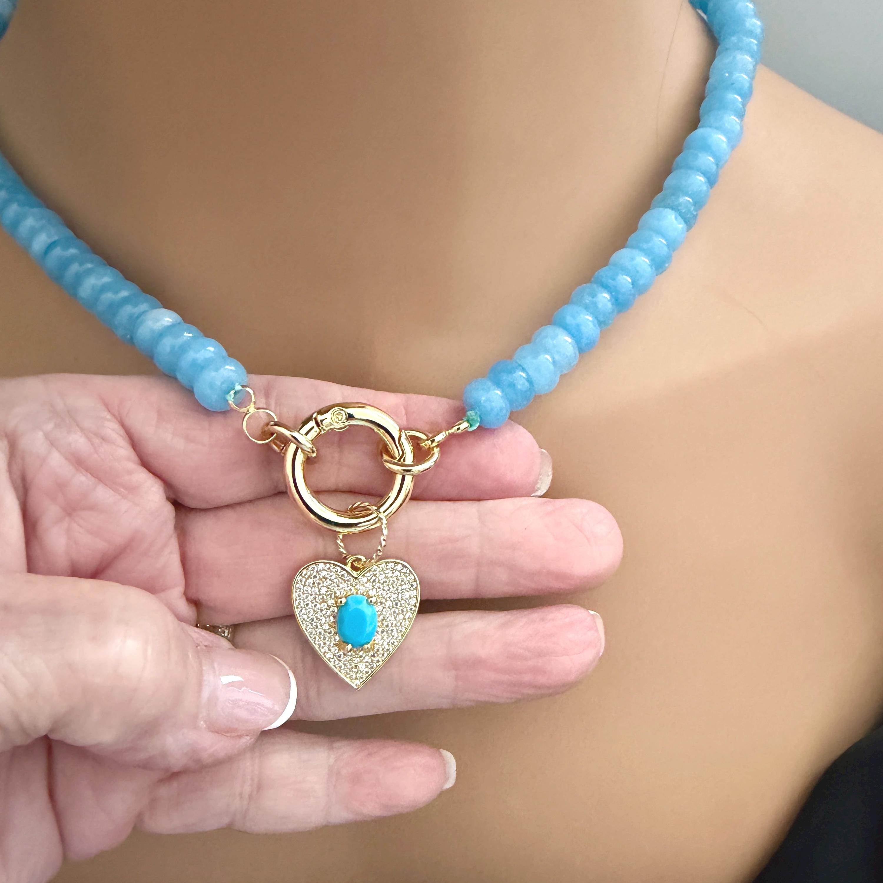 Blue Jade Bead Necklace-CZ Heart Pendant- Gold Spring Clasp-Semi Precious Beads-Gift For Her