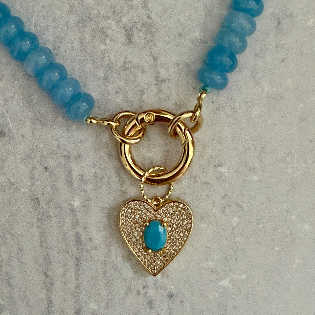 Blue Jade Bead Necklace-CZ Heart Pendant- Gold Spring Clasp-Semi Precious Beads-Gift For Her