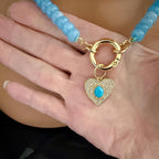 Blue Jade Bead Necklace-CZ Heart Pendant- Gold Spring Clasp-Semi Precious Beads-Gift For Her