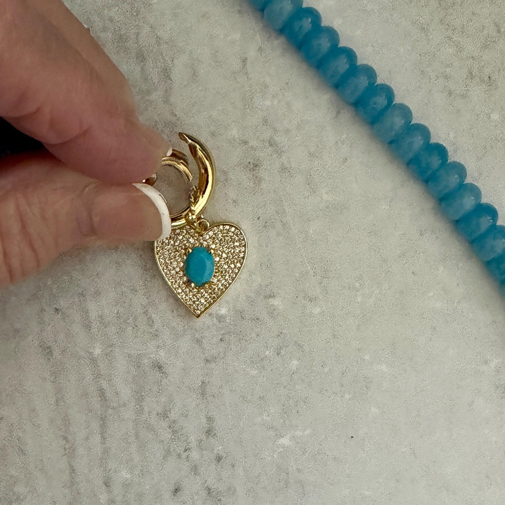 Blue Jade Bead Necklace-CZ Heart Pendant- Gold Spring Clasp-Semi Precious Beads-Gift For Her